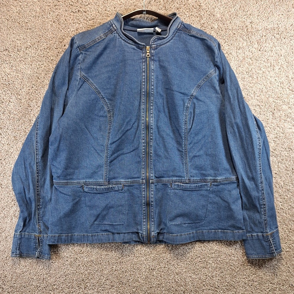 Denim & Company Jacket Womens XL Blue Full Zip‎ Mock Neck Seamed Utility Casual